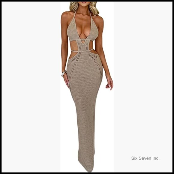 Dresses & Skirts - Cotton Polyester Knitted Bodycon Maxi Dress Halter Backless Hollow Out